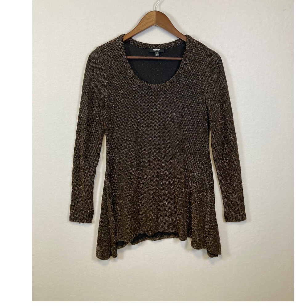 Women's Metallic Sparkle Knit Tunic Top Size M Long Sleeve Asymmetrical Hem
